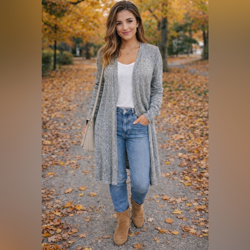 Cyrus Long Grey Open Front Cardigan | Lightweight Duster | Size Small